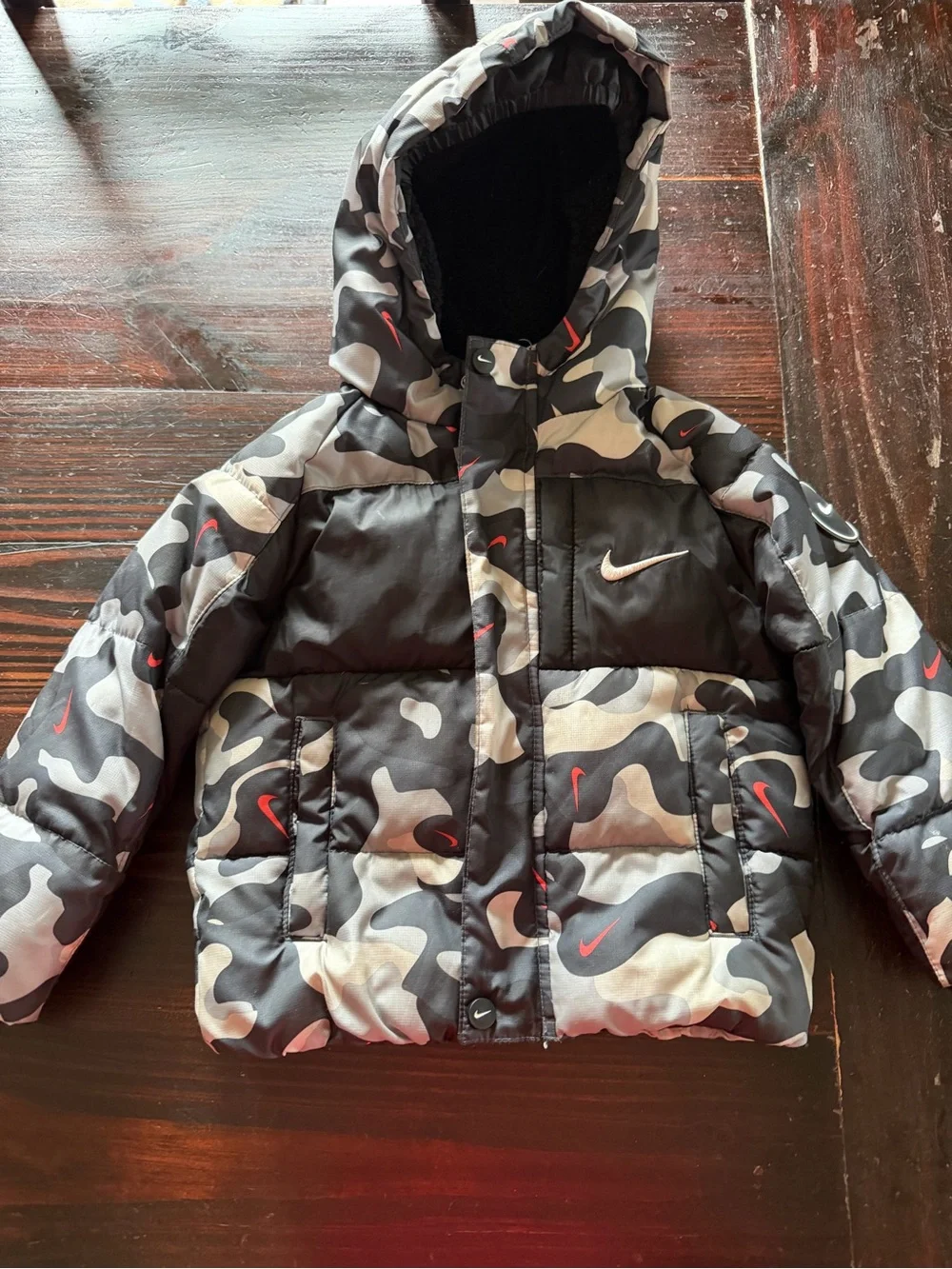 Nike Kids Black & Gray Camo Puffer Jacket with Red Accents